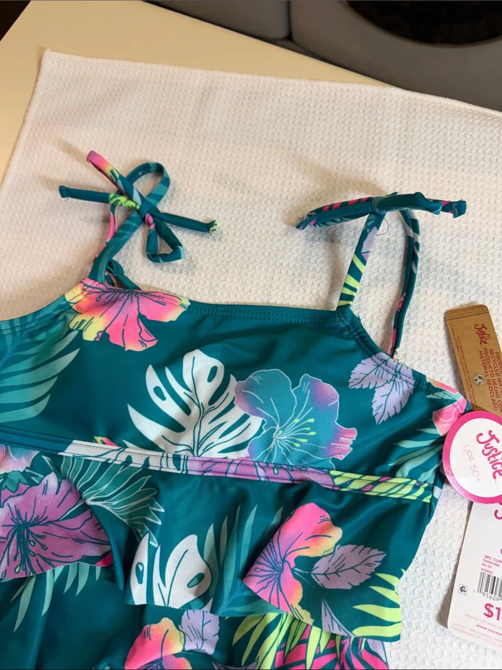 Justice Teal Tropical Ruffle Tankini with Pink & Lime Floral